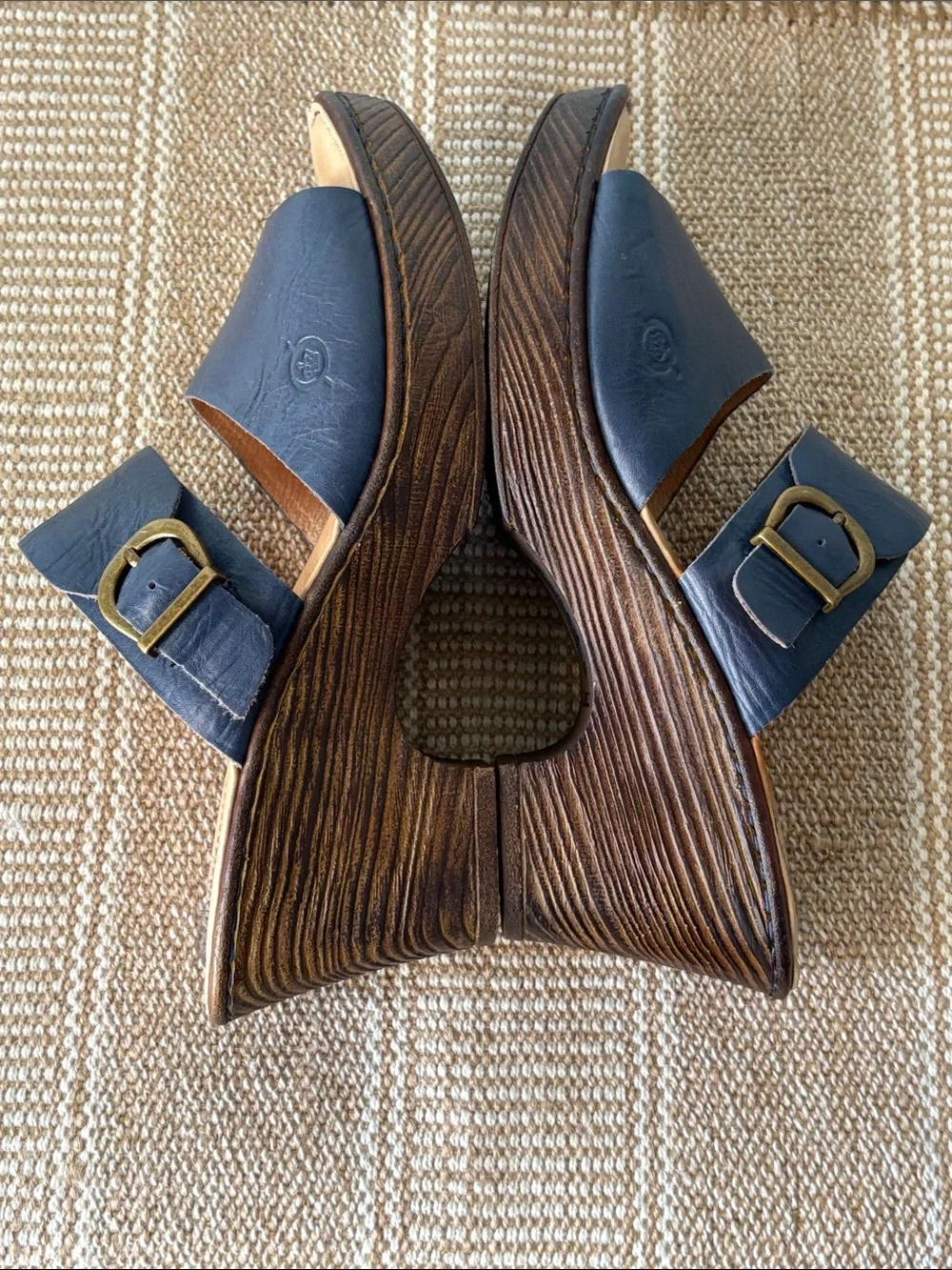 Born Navy Blue Leather Double-Strap Wedge Sandals; Adjustable buckles  Size-8